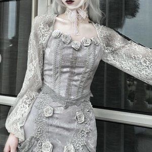 Rose Funeral Gothic Square Neckline Lantern Sleeves Fish-bone Jacquard Top Rose